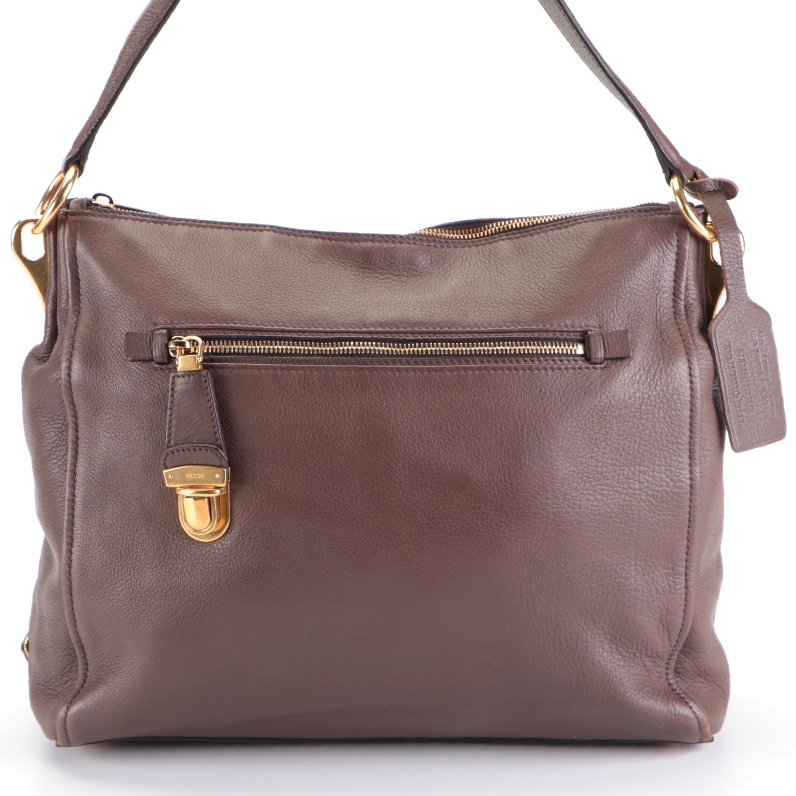 Prada Push-Lock Zip Medium Shoulder Bag in Dark Brown Deerskin Leather