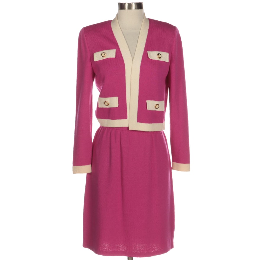 St. John Collection by Marie Gray Knit Skirt Suit in Fuchsia Pink and Ivory