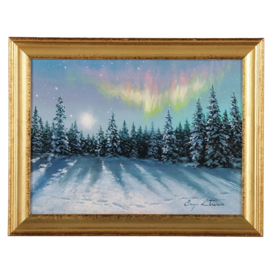 Jevgenijus Litvinas Landscape Oil Painting "Northern Lights," 2021