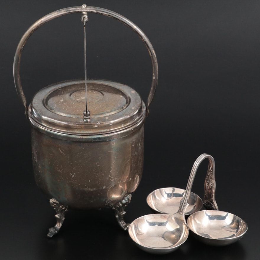 English Silver Mfg. Corp. Silver Plate Ice Bucket with Sheffield Condiment Caddy