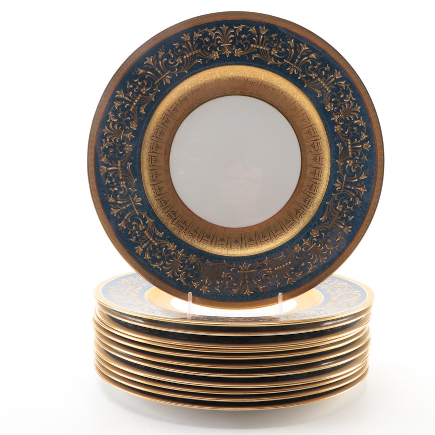 Royal Worcester Gold Encrusted Porcelain Dinner Plates, Early 20th Century