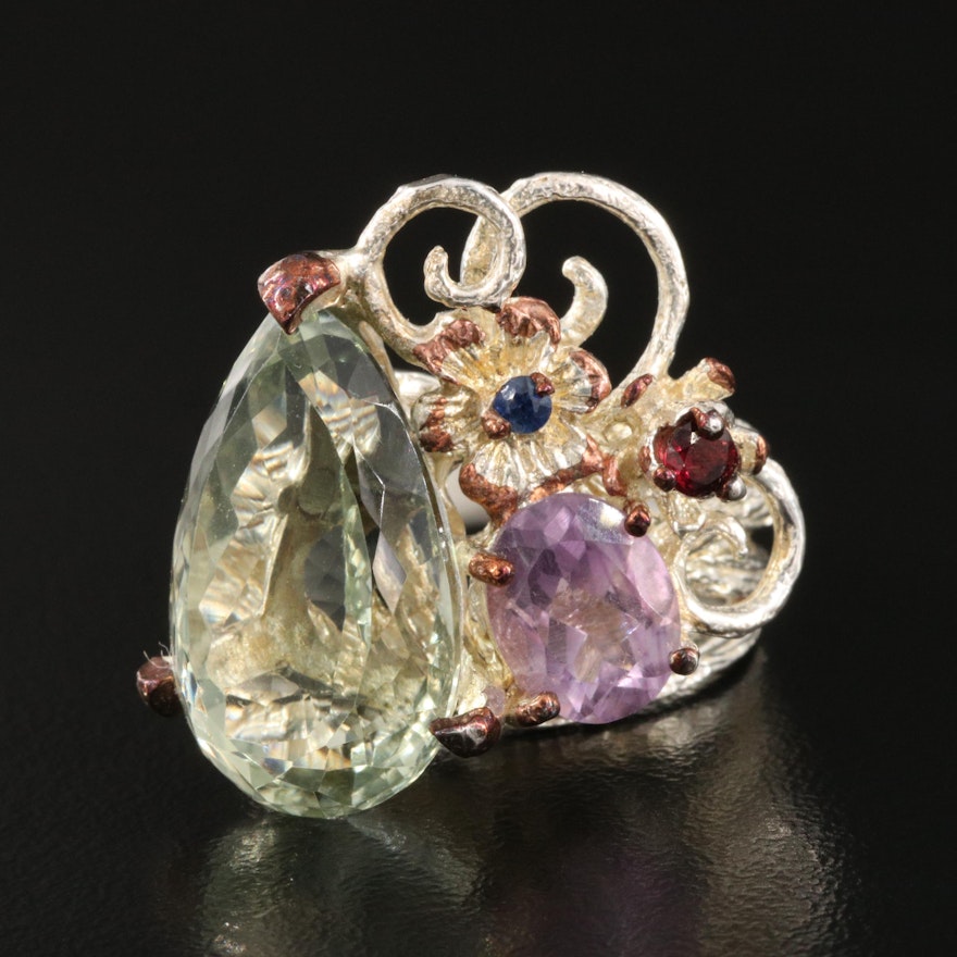 Sterling Prasiolite and Gemstone Floral Ring