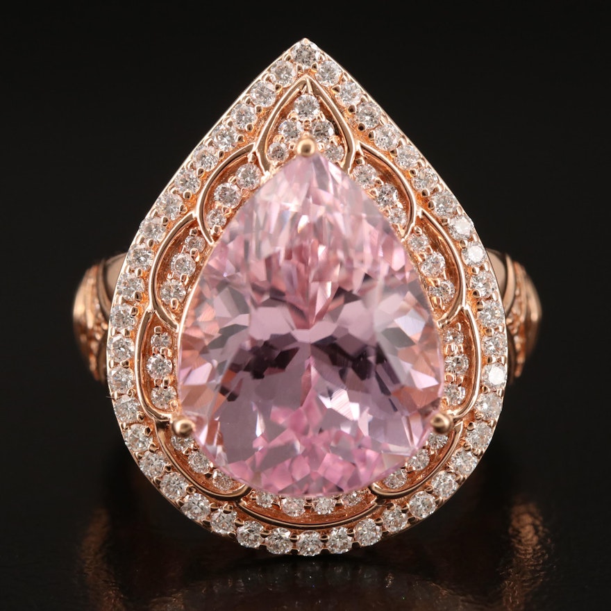 18K Rose Gold 14.10 CT Kunzite Ring with Diamond Halo