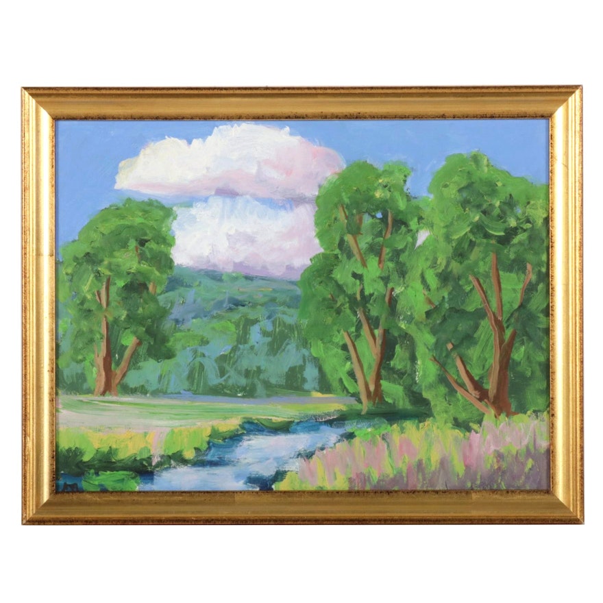 Kenneth R. Burnside Creekside Landscape Oil Painting, 21st Century