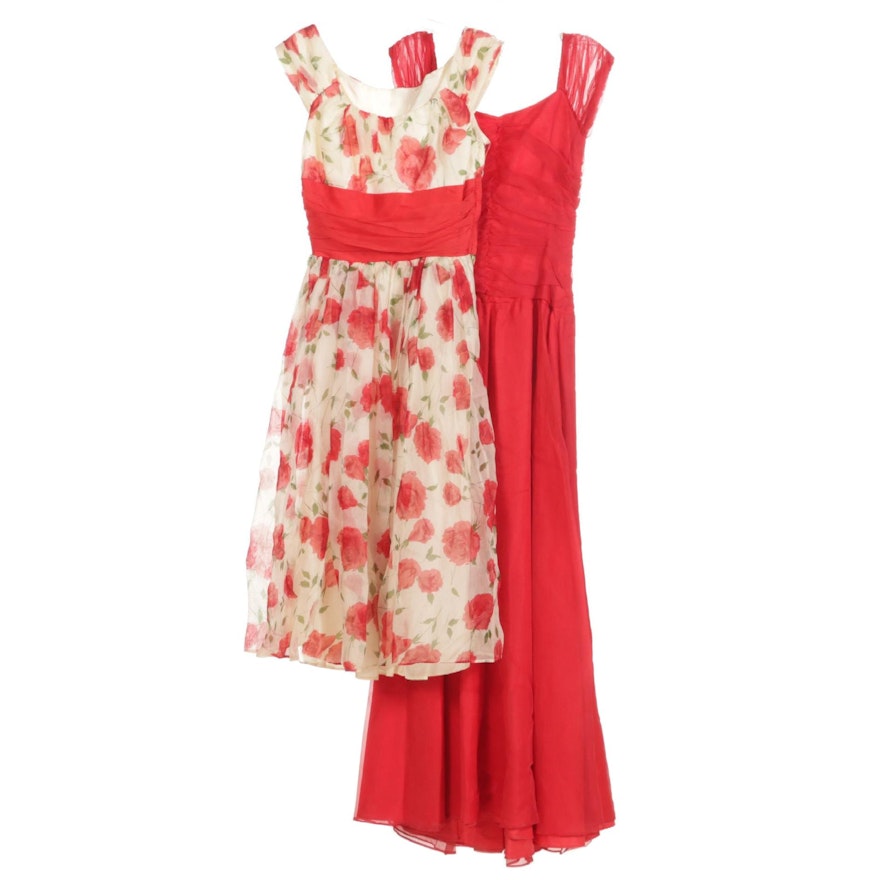 Rouched Red and Floral Occasion Dresses, Mid 20th Century