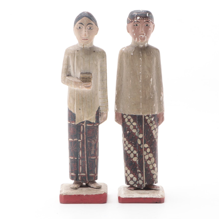 Southeast Asian Polychrome Wood Figures With Acrylic Display Cases