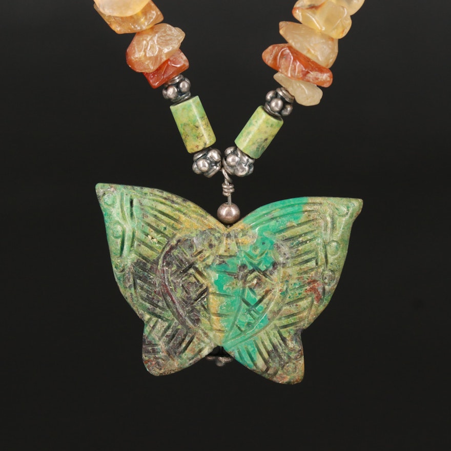 Sterling Carved Turquoise Butterfly Pendant and Agate Bead Necklace