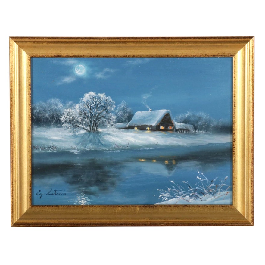 Jevgenijus Litvinas Landscape Oil Painting "Winter Night," 2021