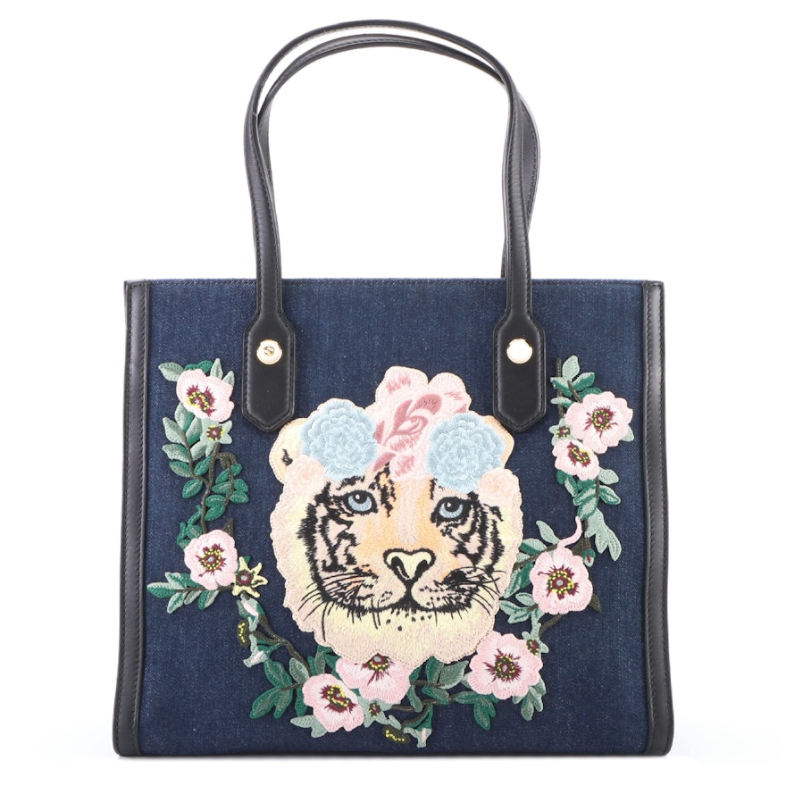 Gucci Tiger Floral Embroidered Denim Tote Bag with Black Leather Trim