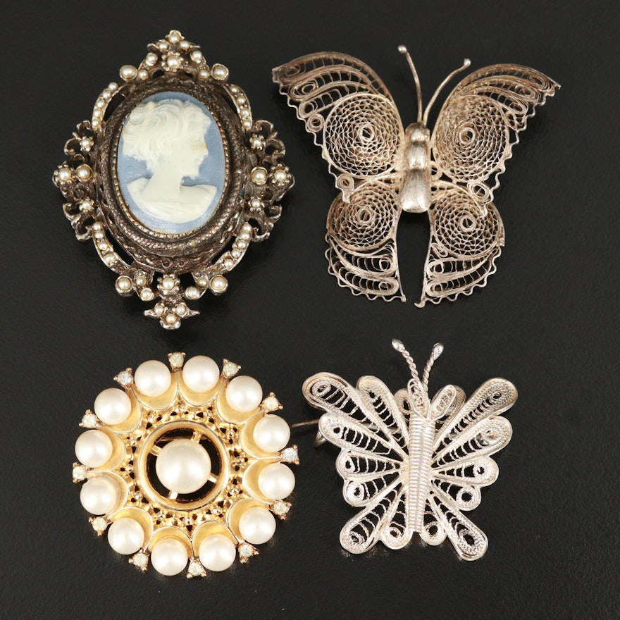 Filigree Butterfly, Cameo and Trifari Faux Pearl Brooches Including Sterling