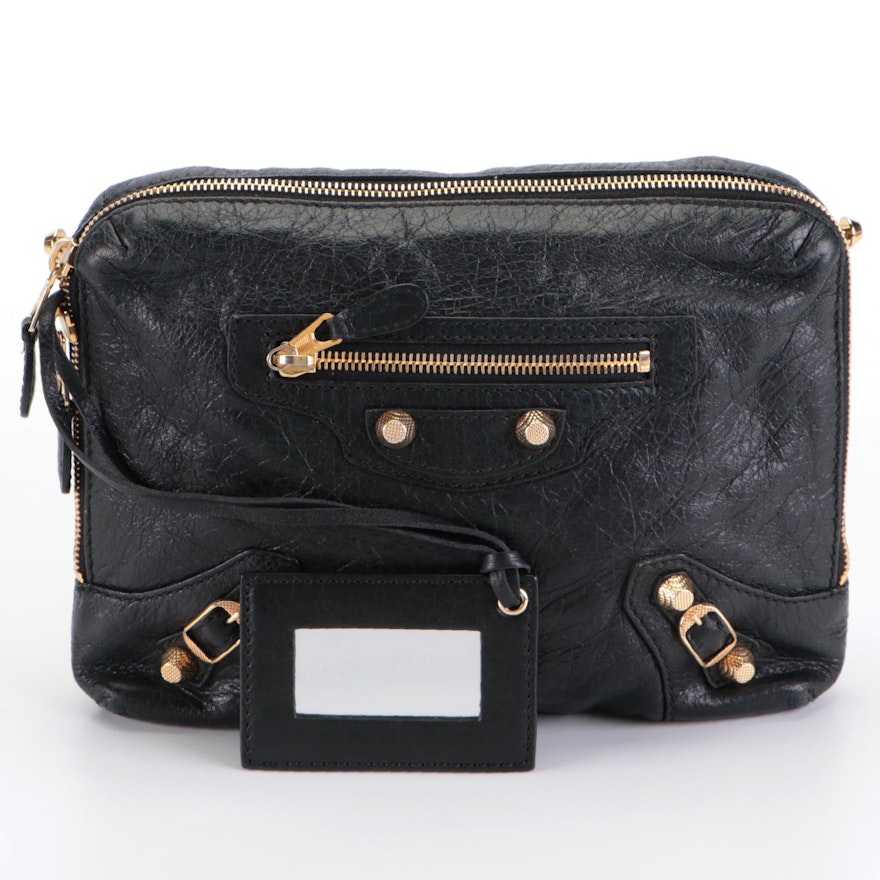 Balenciaga Giant Studs Reporter Black Leather Crossbody Bag