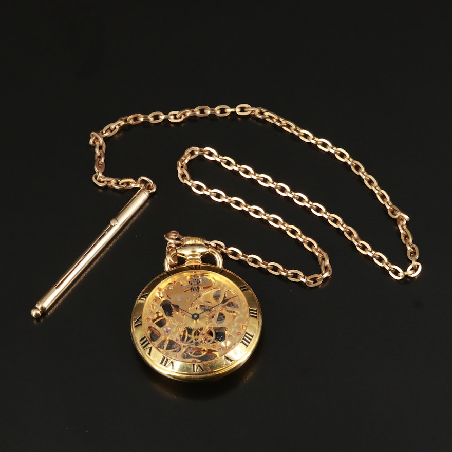 Arnex Skeletonized Pocket Watch with 14K Champagne Fob Stirrer