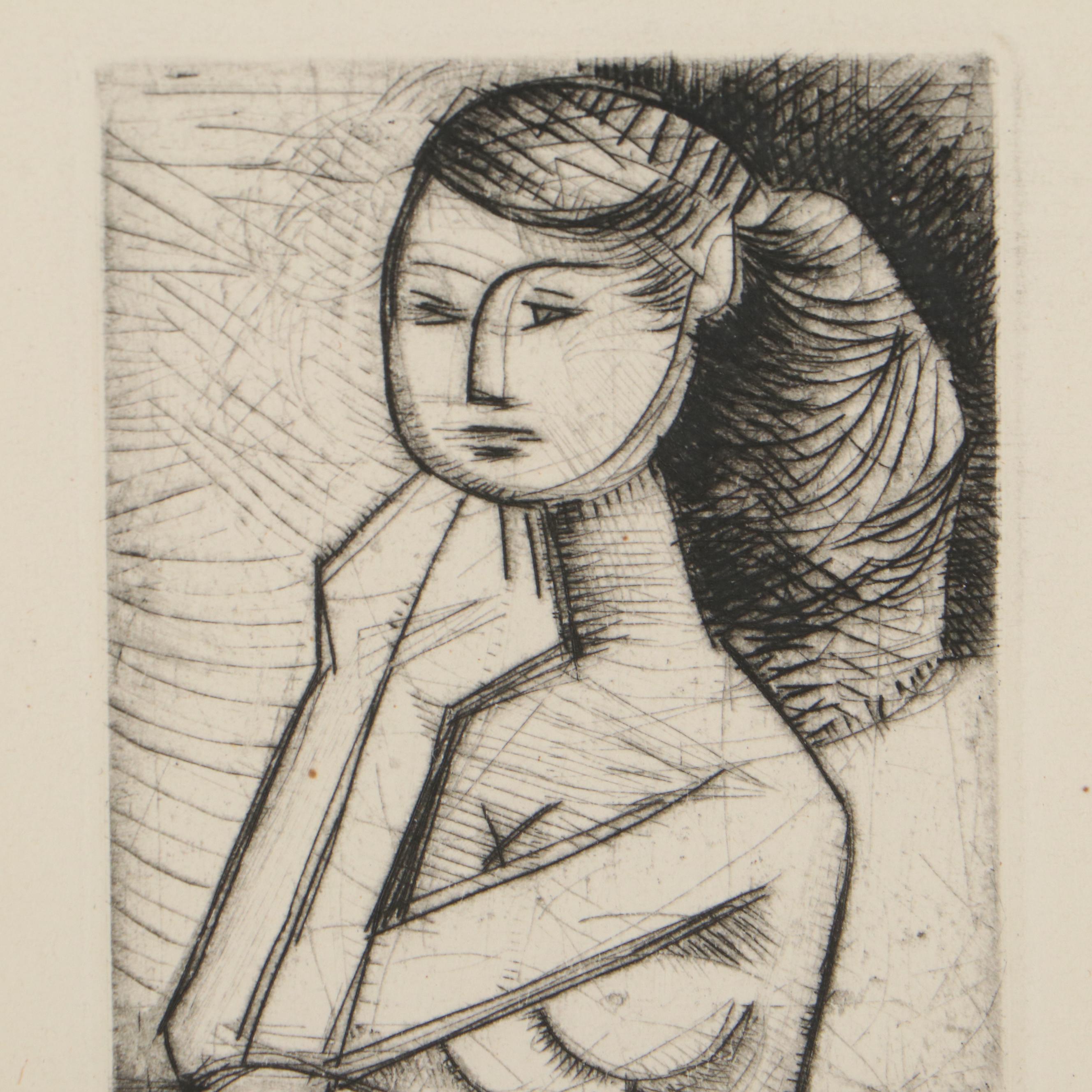 Javier Vilato Etching of Seated Female Nude "Fille"