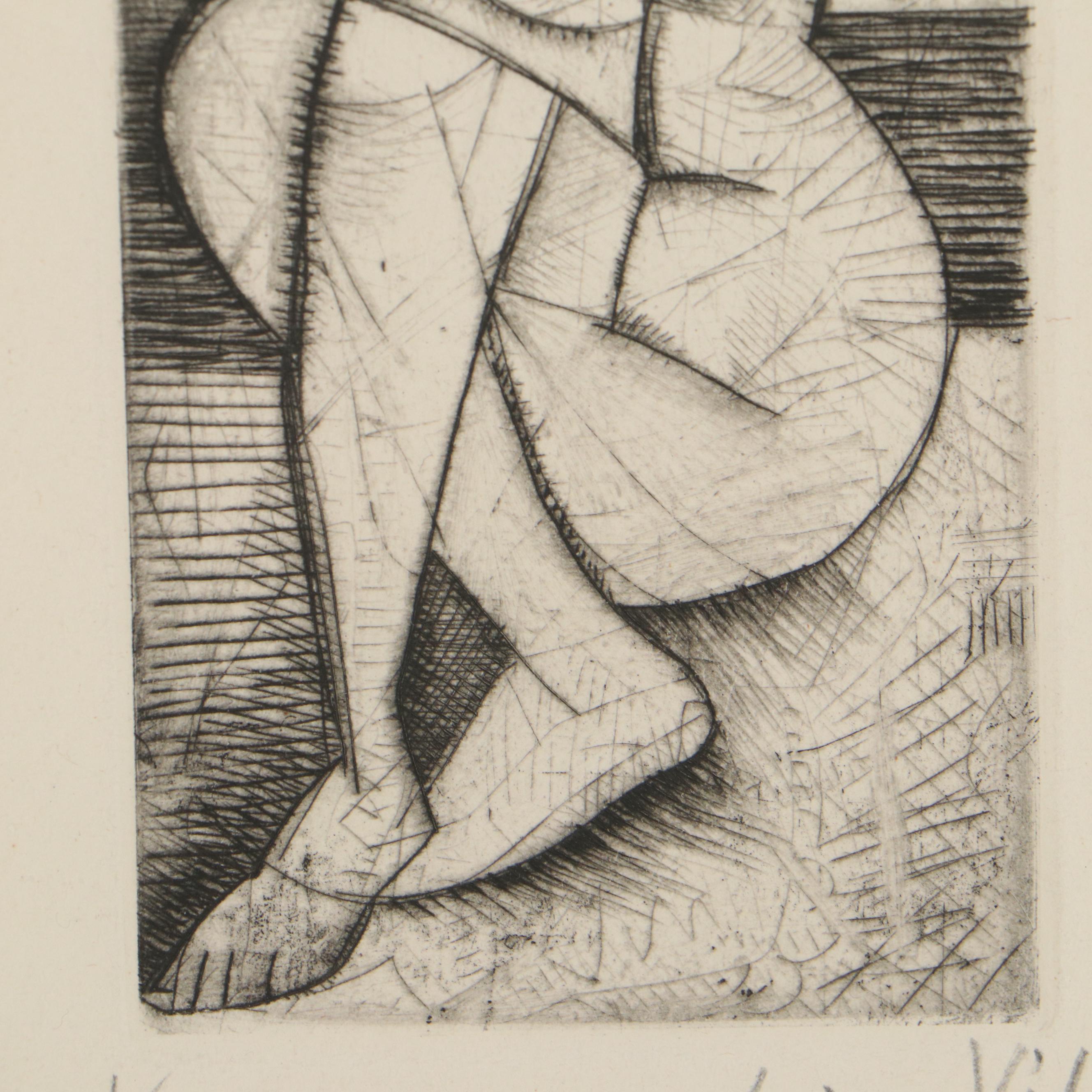 Javier Vilato Etching of Seated Female Nude "Fille"
