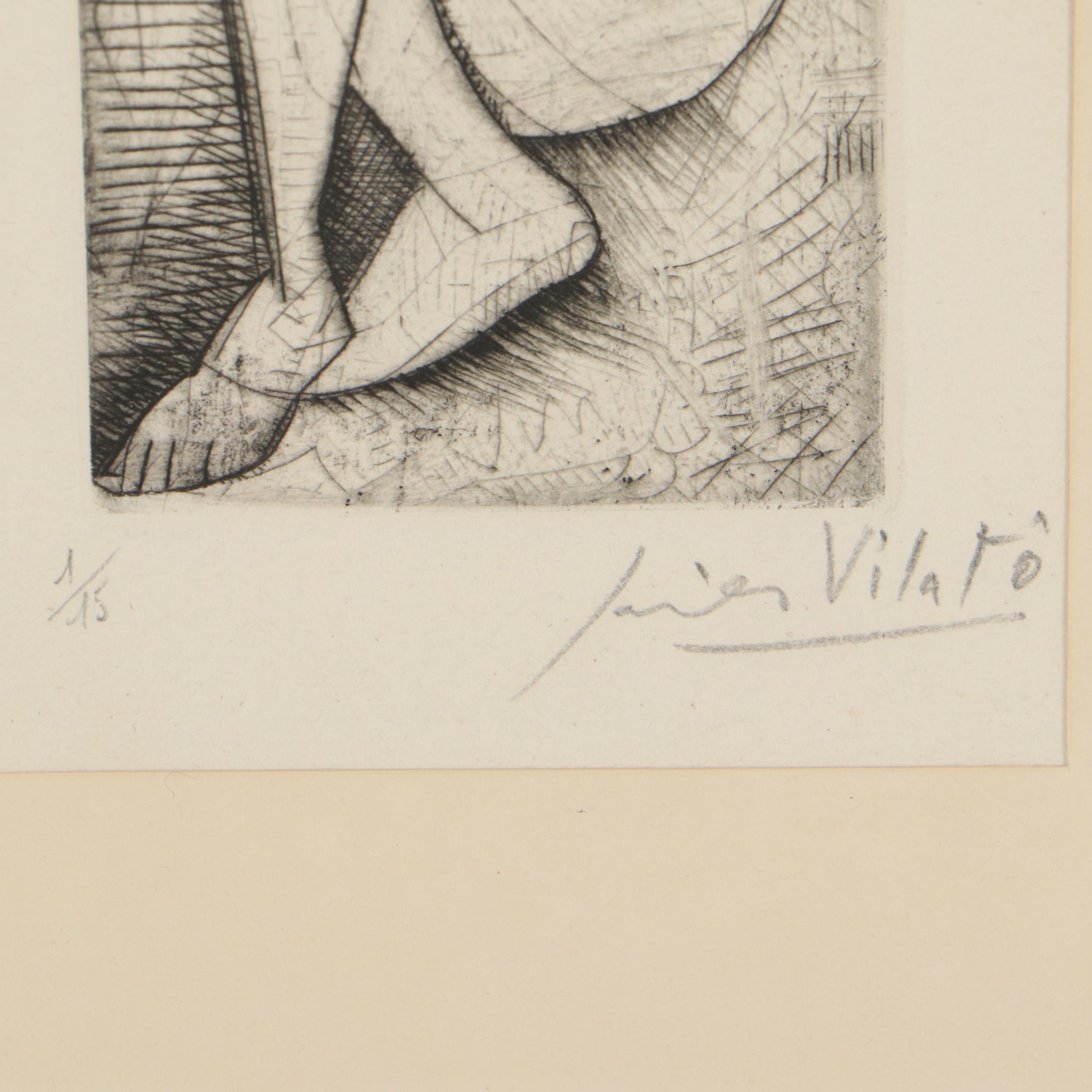 Javier Vilato Etching of Seated Female Nude "Fille"