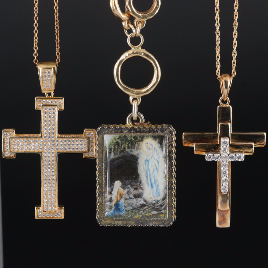 Sterling Religious Necklaces with Painted Picture and Cubic Zirconia