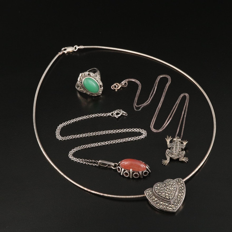 Sterling Jewelry Including Frog, Heart, Agate and Marcasite