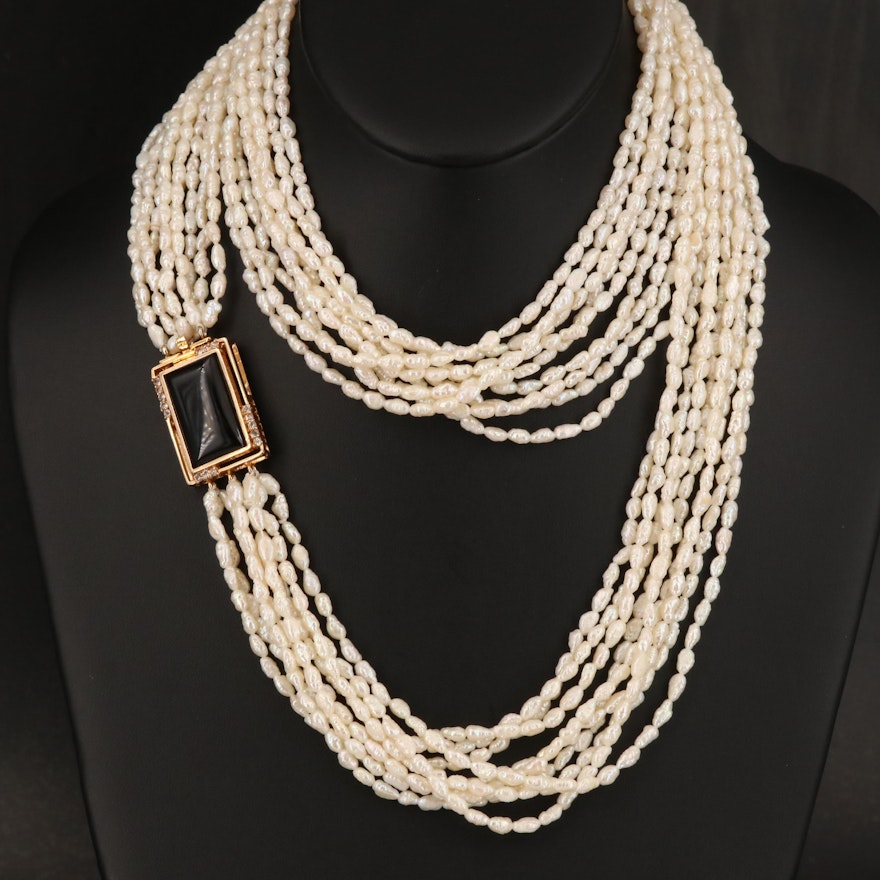 Multi-Strand Pearl Necklace with Rhinestone and Black Onyx Clasp