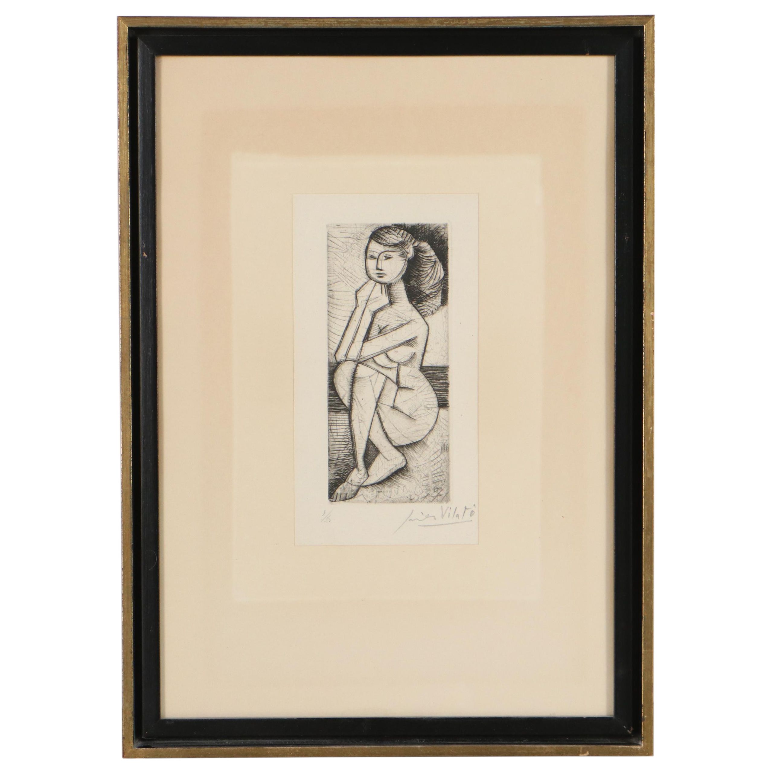 Javier Vilato Etching of Seated Female Nude "Fille"