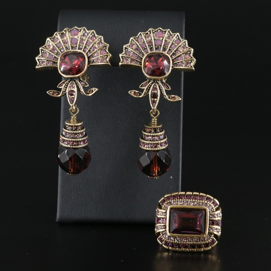 Heidi Daus Crystal Ring and "Fan Fatale" Clip Earrings with Pouch