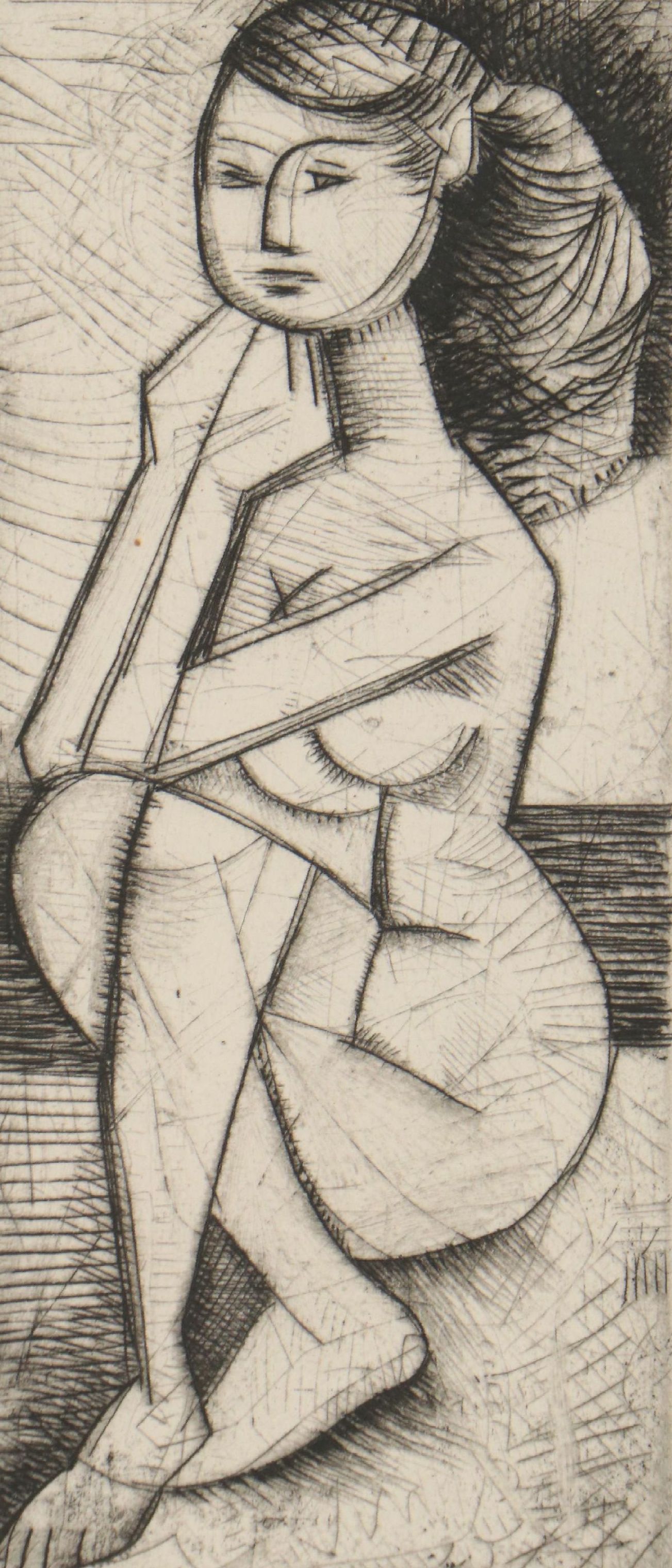 Javier Vilato Etching of Seated Female Nude "Fille"