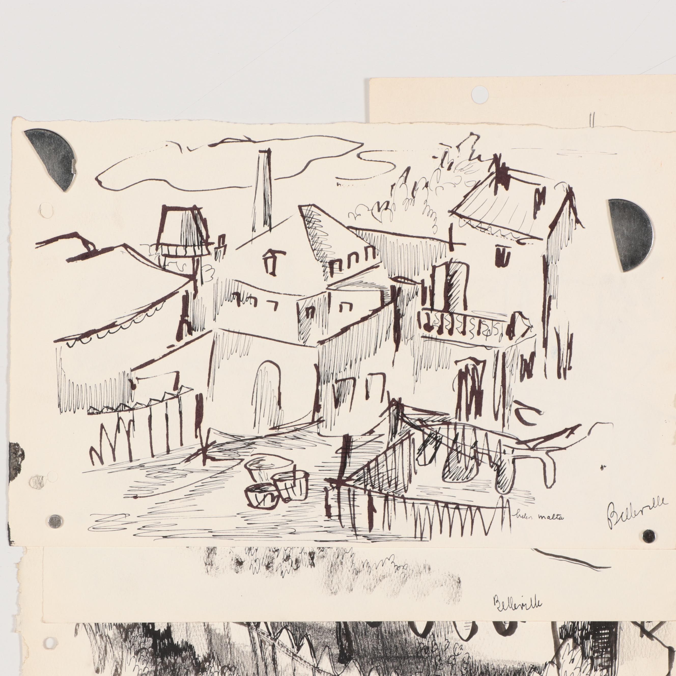 Helen Malta Ink Drawings of Townscapes and Figures