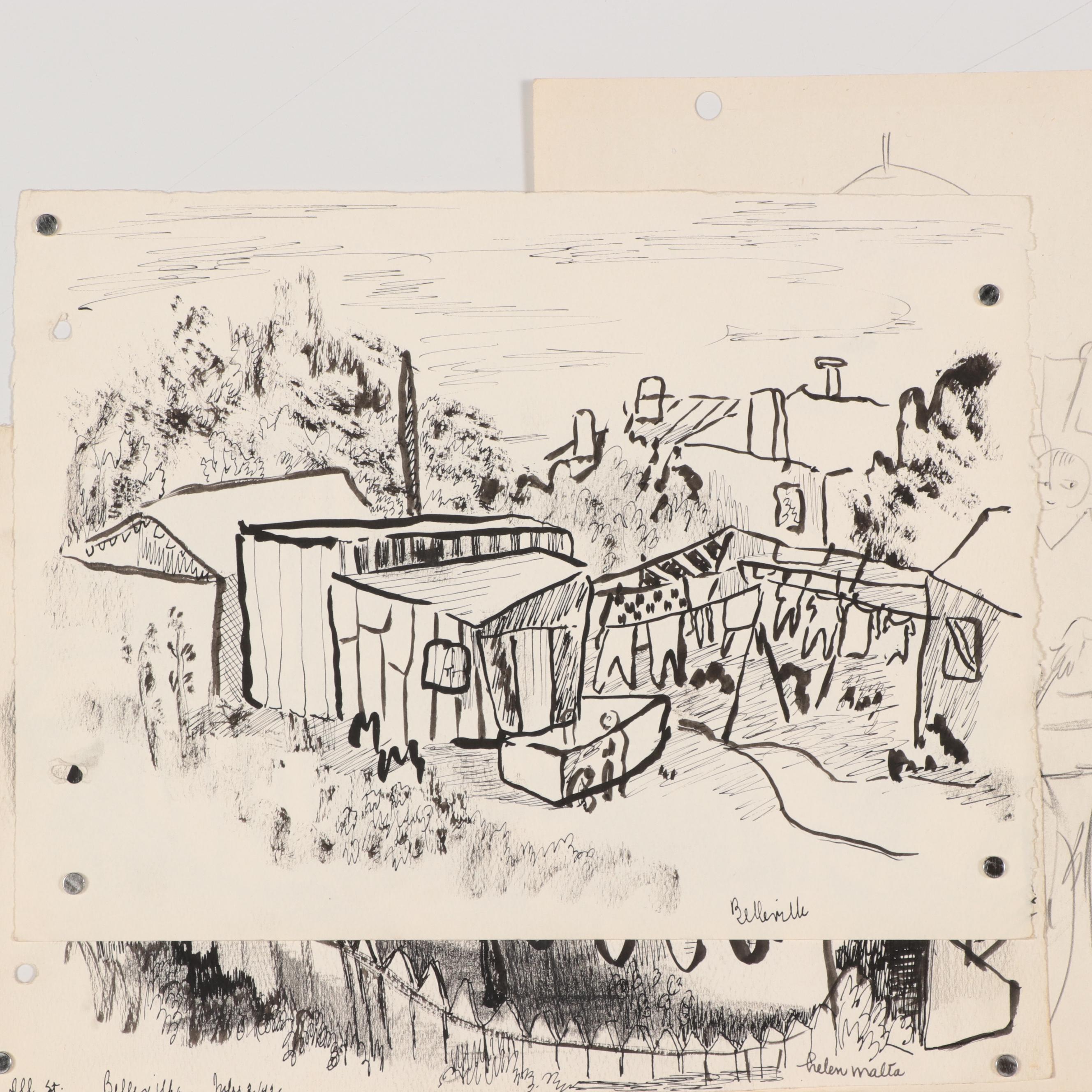 Helen Malta Ink Drawings of Townscapes and Figures