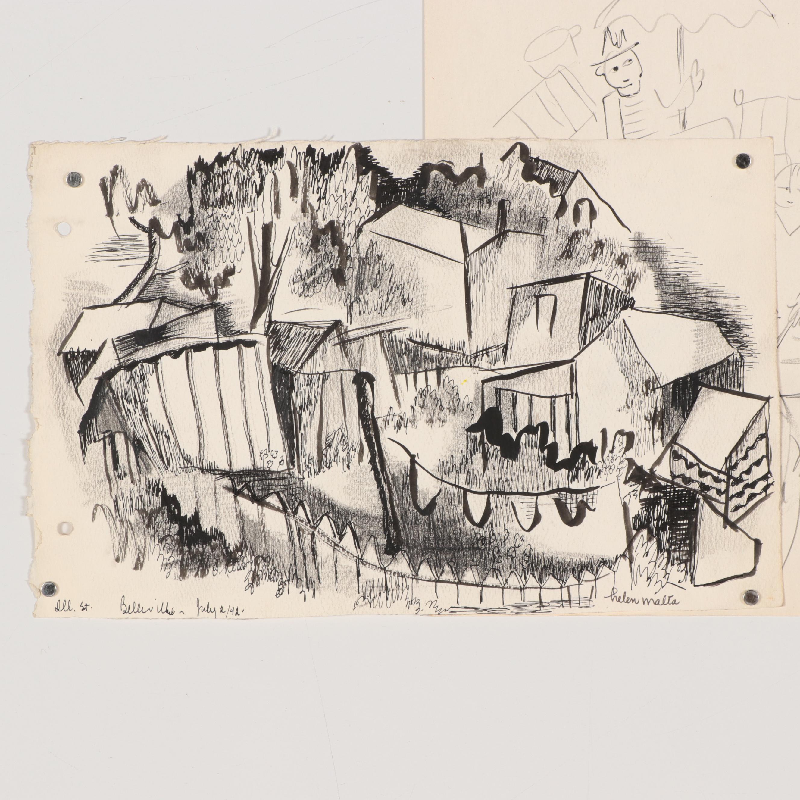 Helen Malta Ink Drawings of Townscapes and Figures