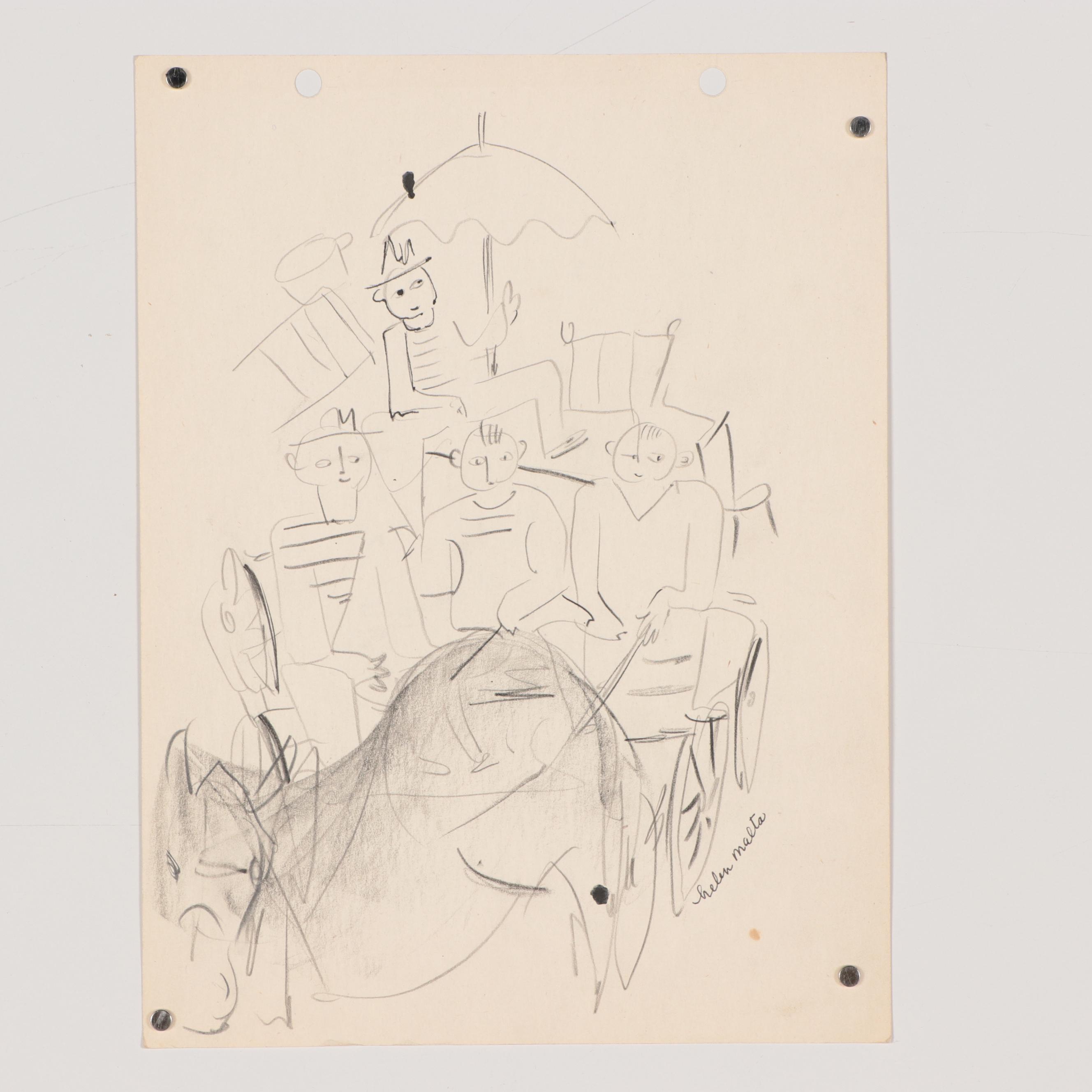 Helen Malta Ink Drawings of Townscapes and Figures