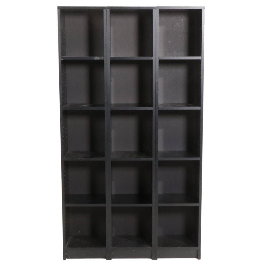 Three Black Veneer Narrow Bookcases