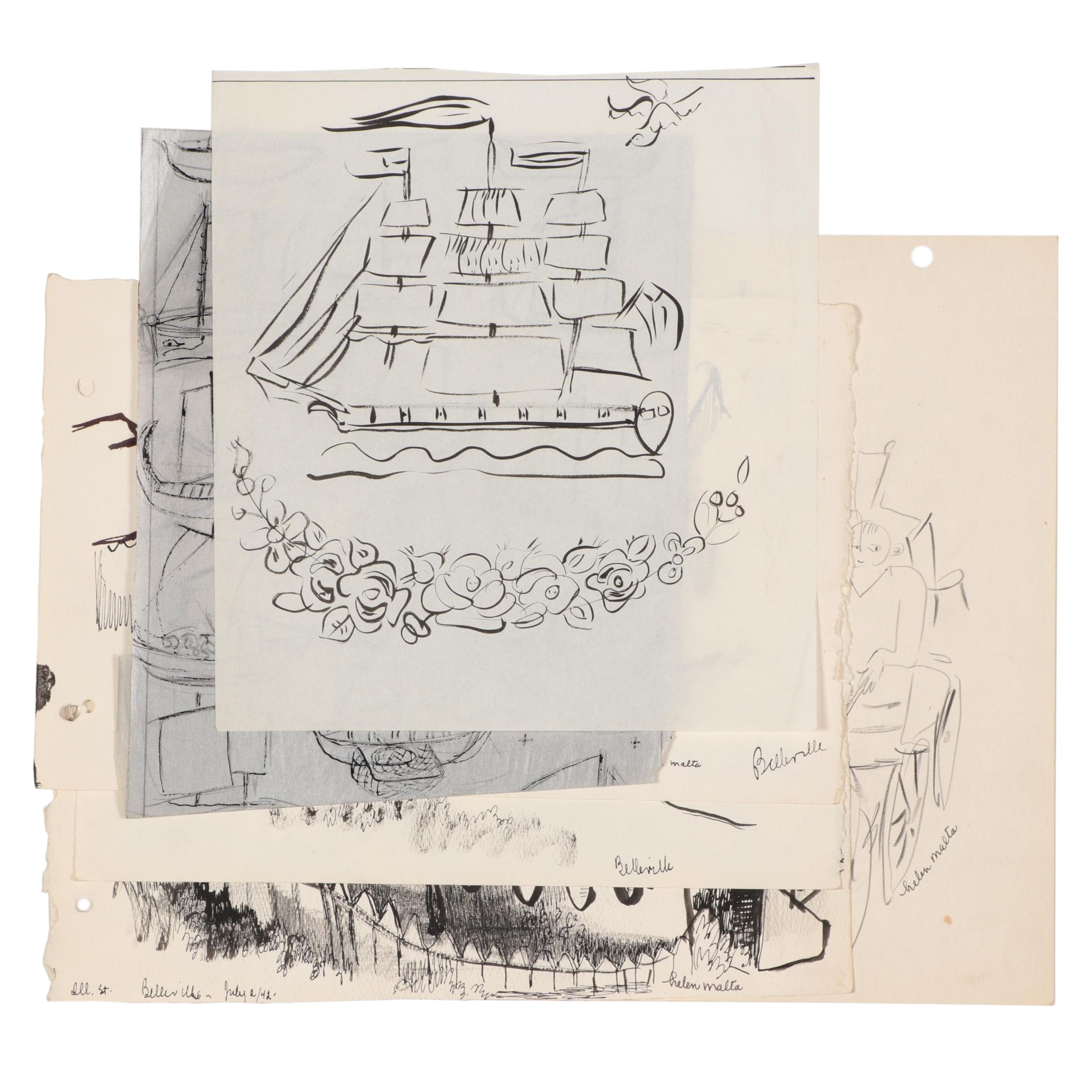 Helen Malta Ink Drawings of Townscapes and Figures