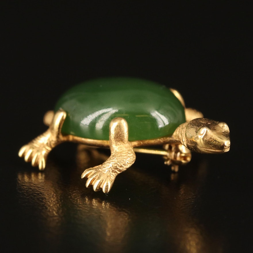 14K Nephrite Turtle Brooch