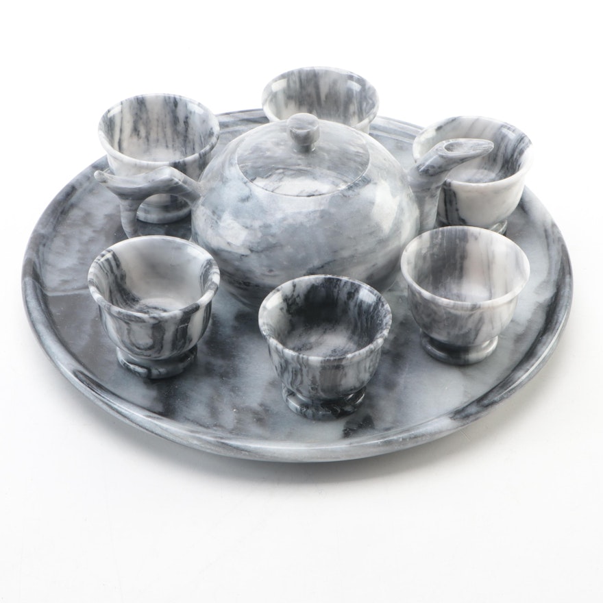 Chinese Carved Calcite Marble Tea Set