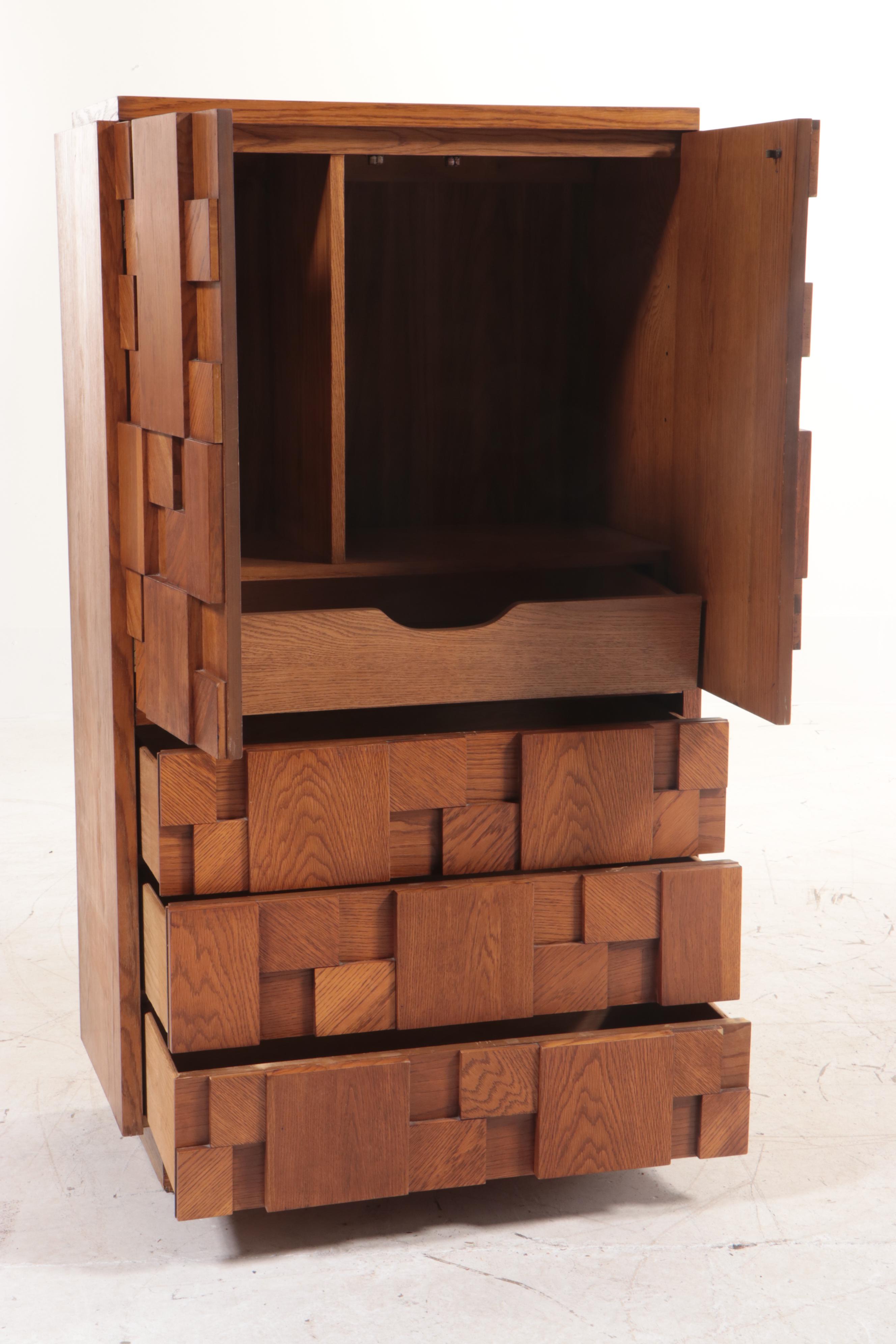 Lane "Mosaic" Brutalist Style Oak Wardrobe, 1970s