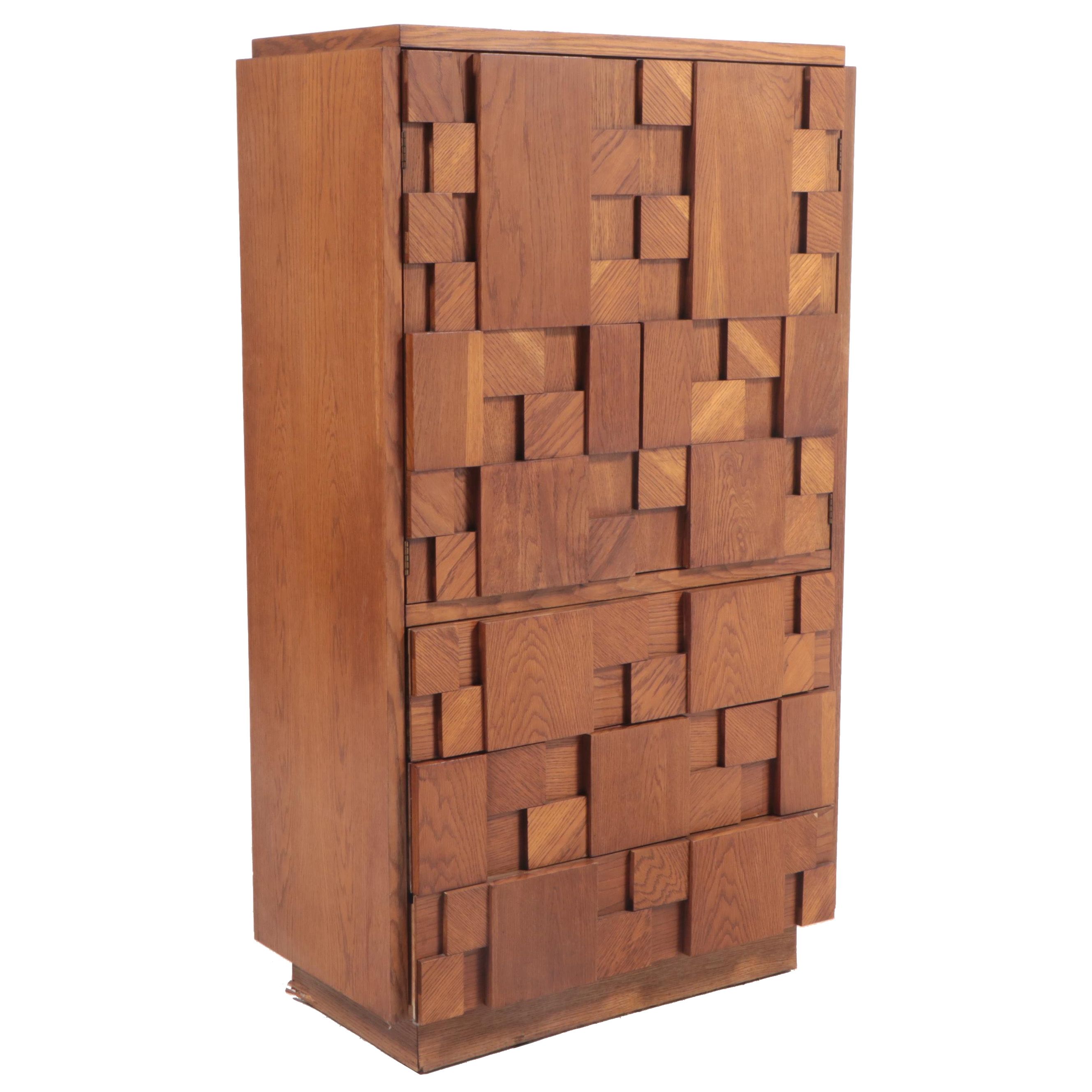 Lane "Mosaic" Brutalist Style Oak Wardrobe, 1970s