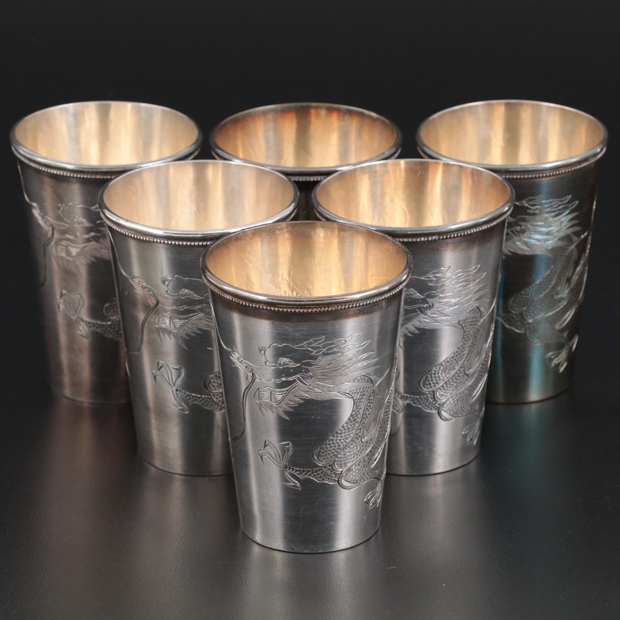 Chinese 950 Silver Chased Dragon Motif Tumblers