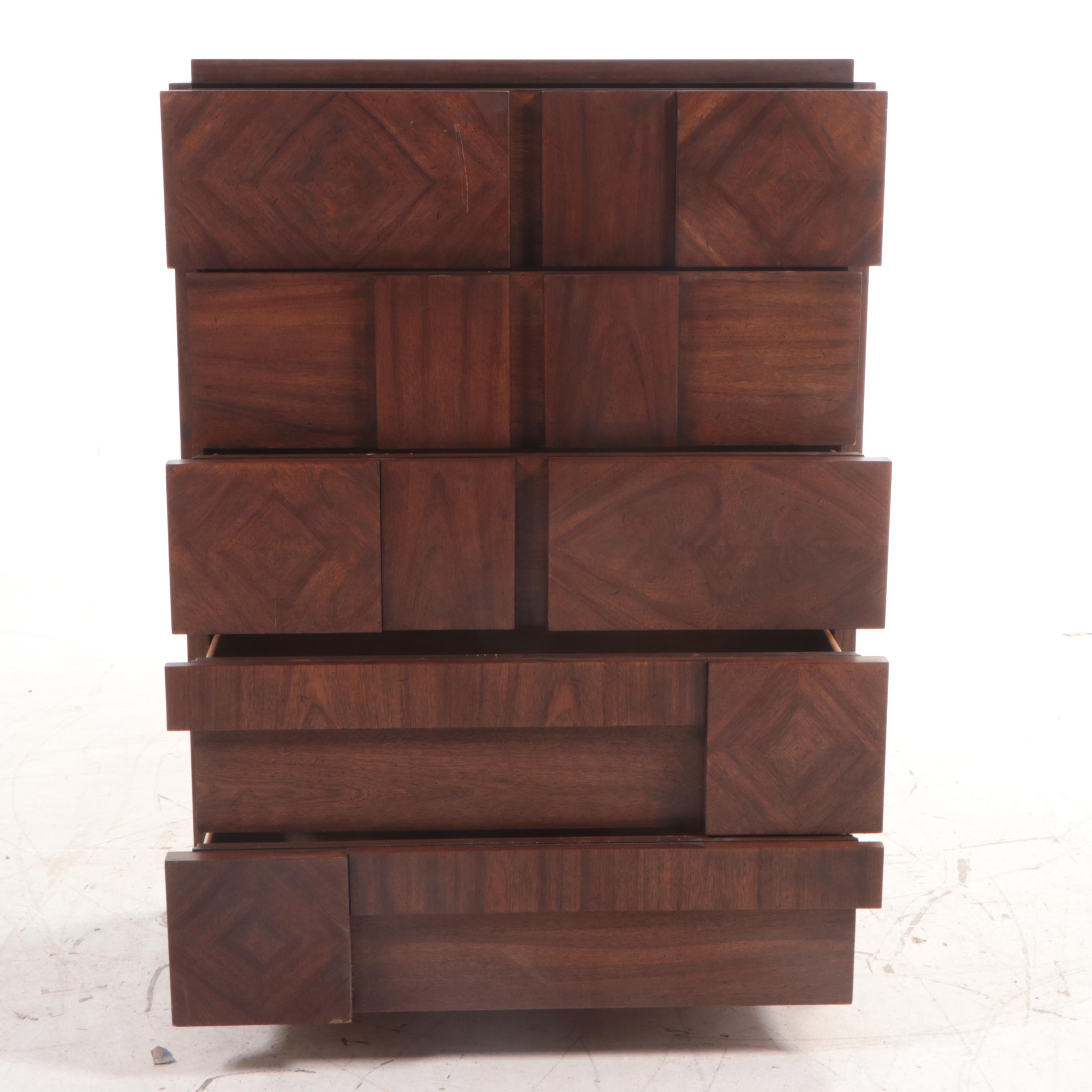 Lane "Staccato" Brutalist Style Walnut Five-Drawer Chest, 1970s