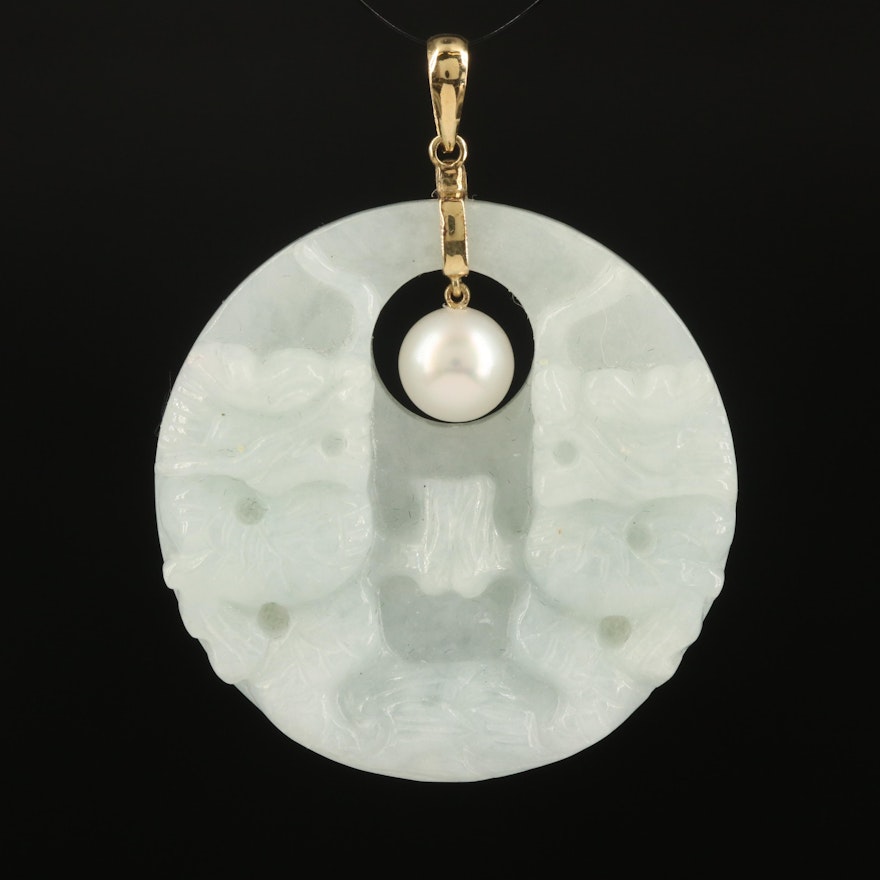 14K Carved Jadeite and Pearl Pendant