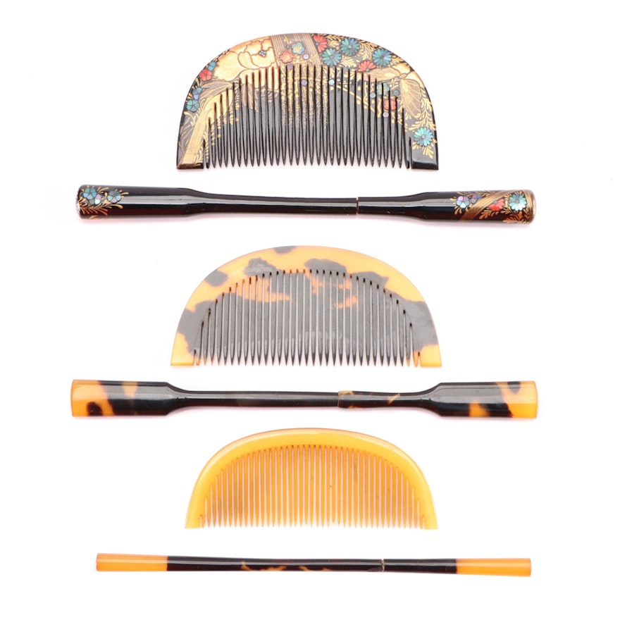 Japanese Hair Comb and Pin Sets in Tortoise Shell and Abalone Inlaid Lacquer