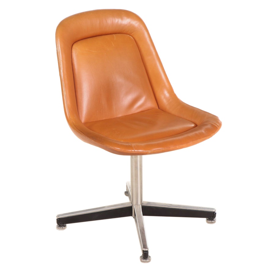 Modernist Steel and Brown Leather Swivel Chair, Mid to Late 20th Century