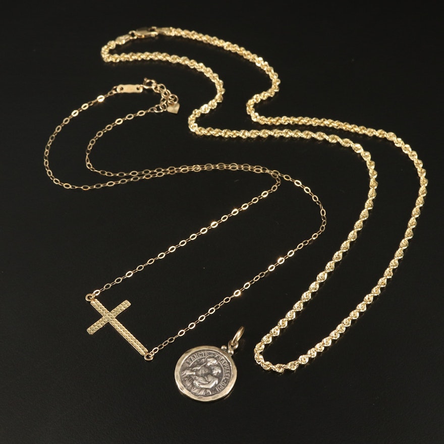 10K Cross and 14K and Sterling St. Raphael on 10K Rope Chain Necklaces