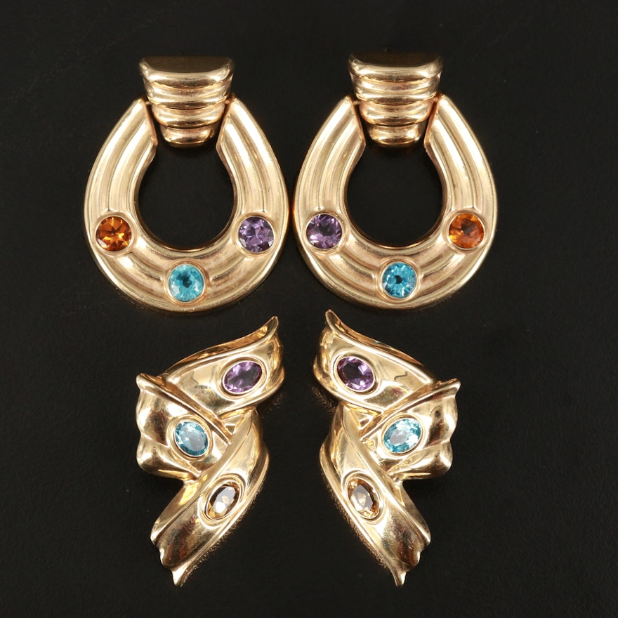 14K Gemstone Door Knocker and Ribbon Earrings