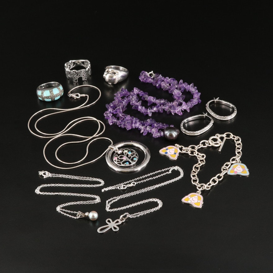 Sterling Jewelry Including Elephant, Cat, Cross, Amethyst and Pearl