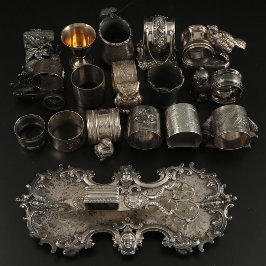 Silver Plate and Other Metal Figural Napkin Rings with Wick Trimmer and Tray