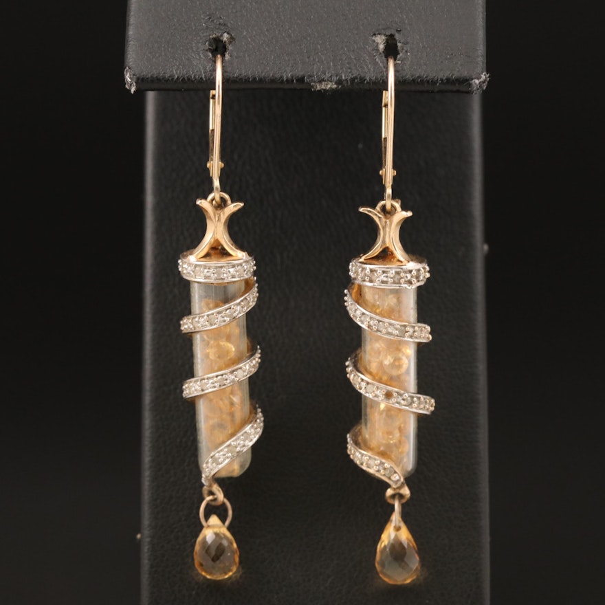 10K Diamond Wrapped Citrine Cylinder Drop Earrings