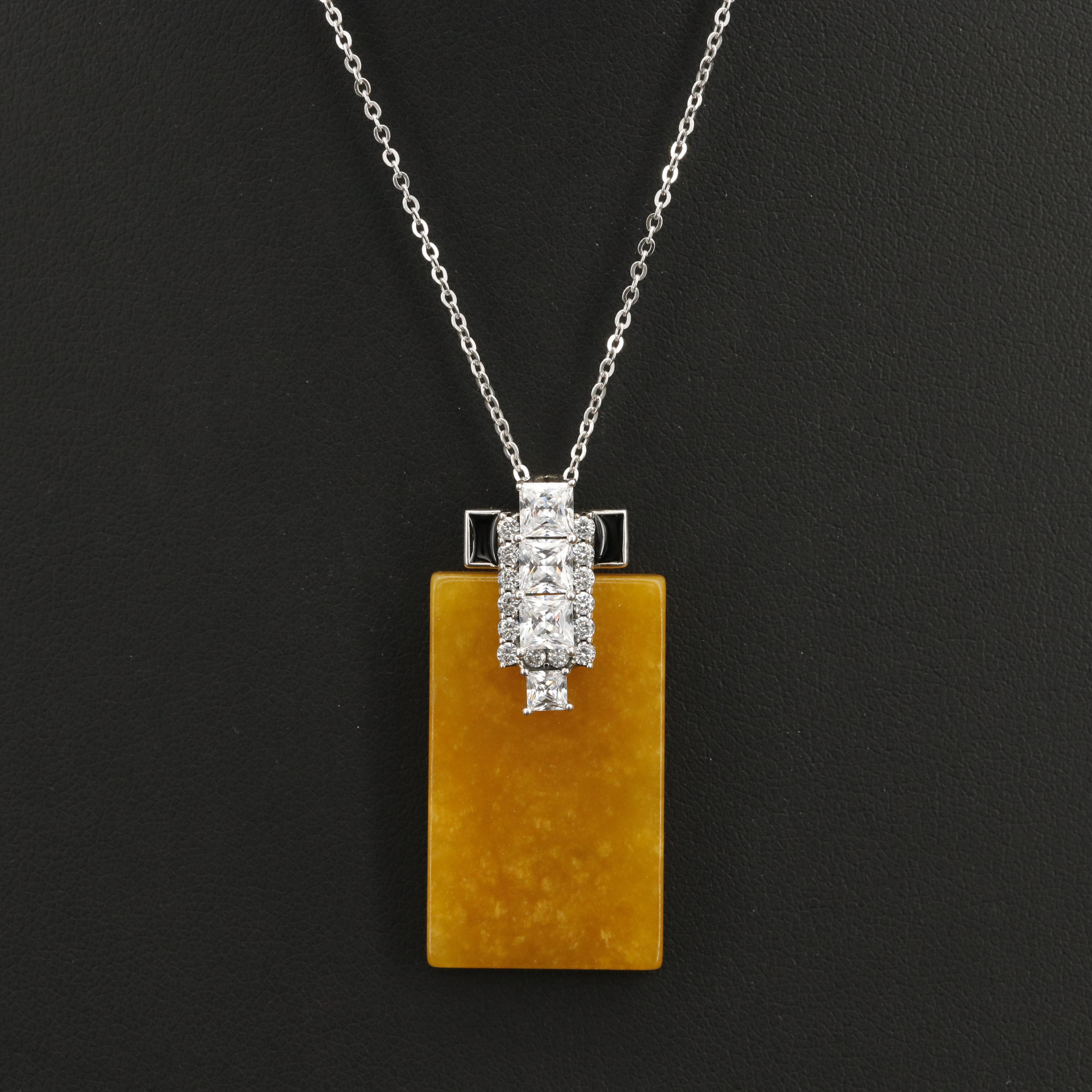 Sterling Jadeite and Cubic Zirconia Pendant Necklace