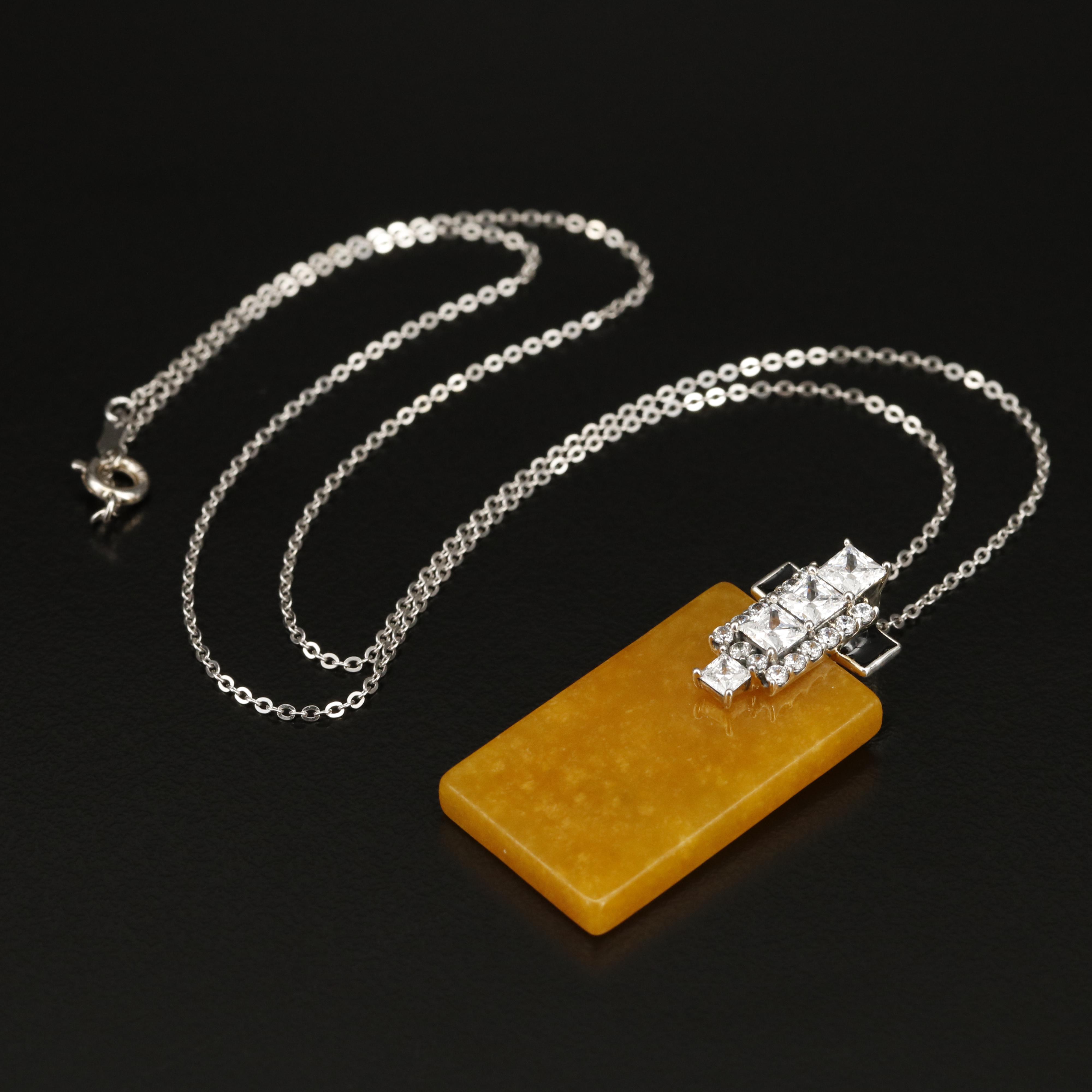 Sterling Jadeite and Cubic Zirconia Pendant Necklace