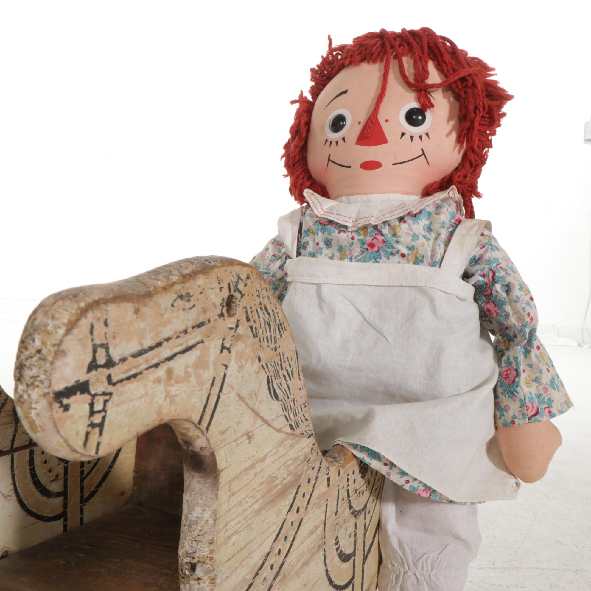 American Primitive Painted Wooden Doll's Rocking Horse Chair, Raggedy Ann Doll