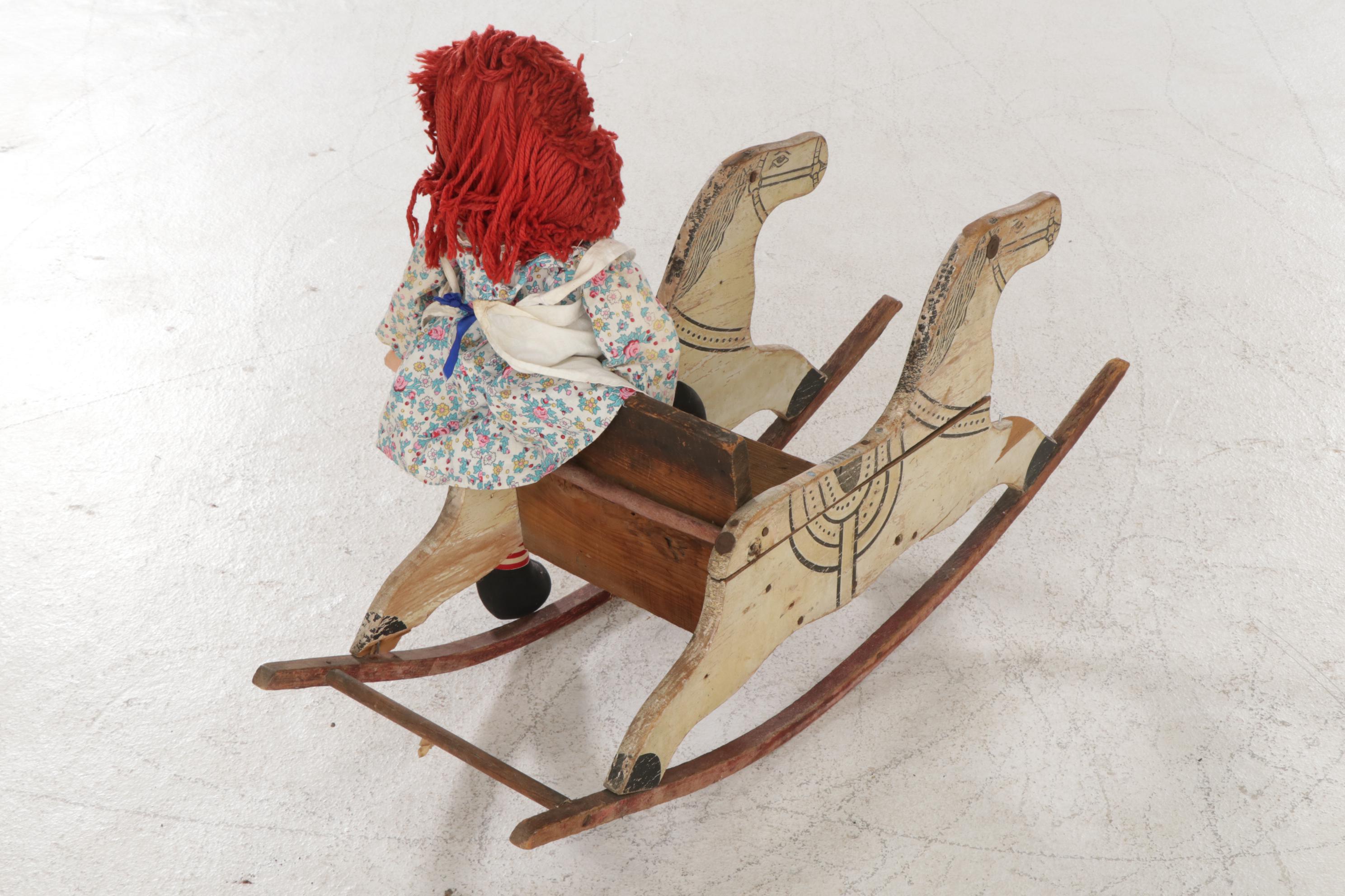 American Primitive Painted Wooden Doll's Rocking Horse Chair, Raggedy Ann Doll