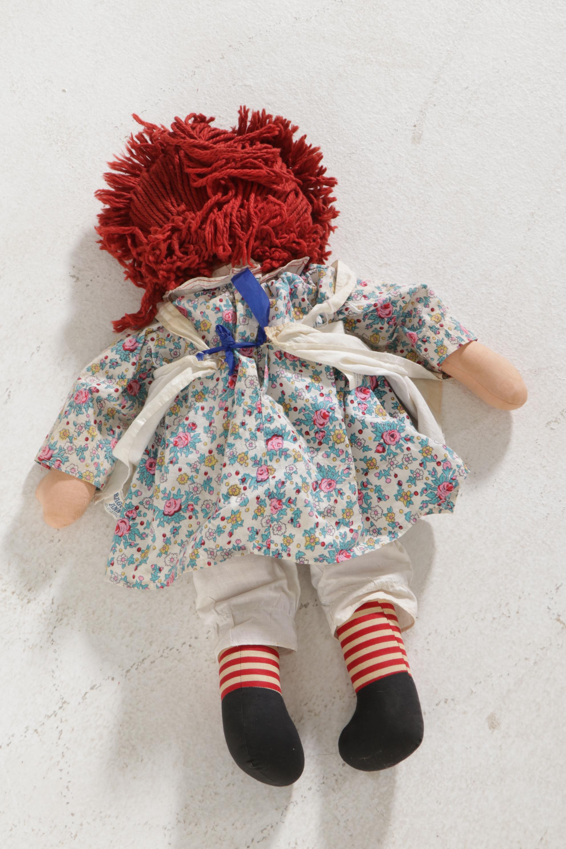 American Primitive Painted Wooden Doll's Rocking Horse Chair, Raggedy Ann Doll